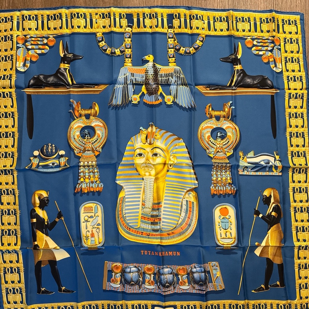 Vintage Hermes Egyptian Tutankhamun Silk-Style Scarf in Blue and Gold - Picture 5 of 9